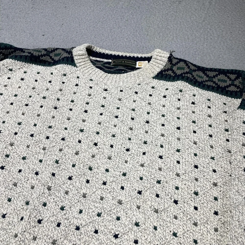 Croft & Barrow Sweater Mens‎ Large White Cotton Fair Isle Knit Crewneck Pullover